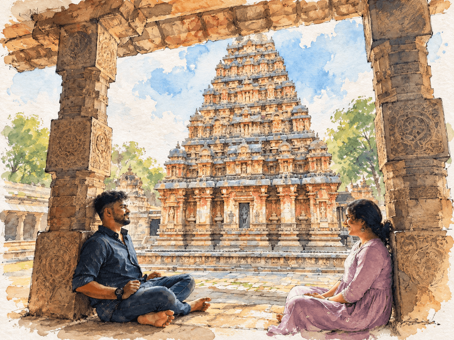 Athul and Catherine sitting under a temple archway, smiling at each other