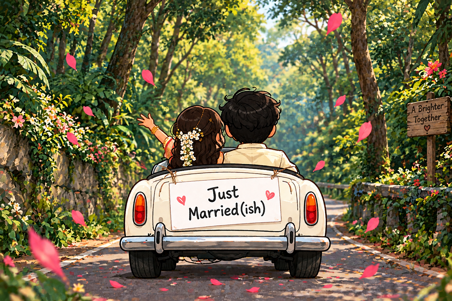 Athul and Catherine driving off together, seen from behind, with a Just Married(ish) sign