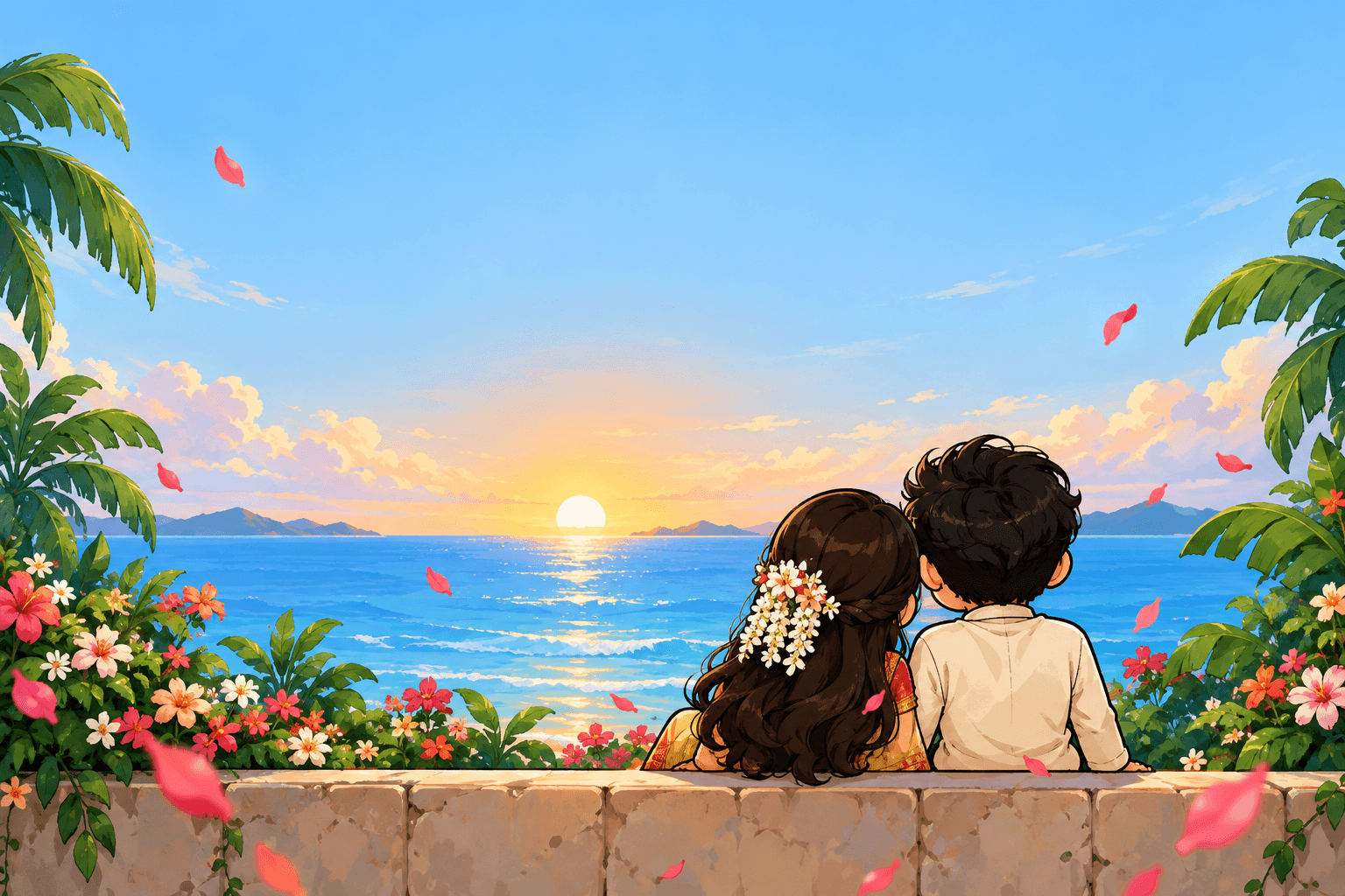 Athul and Catherine, seen from behind, looking out at the ocean at sunset